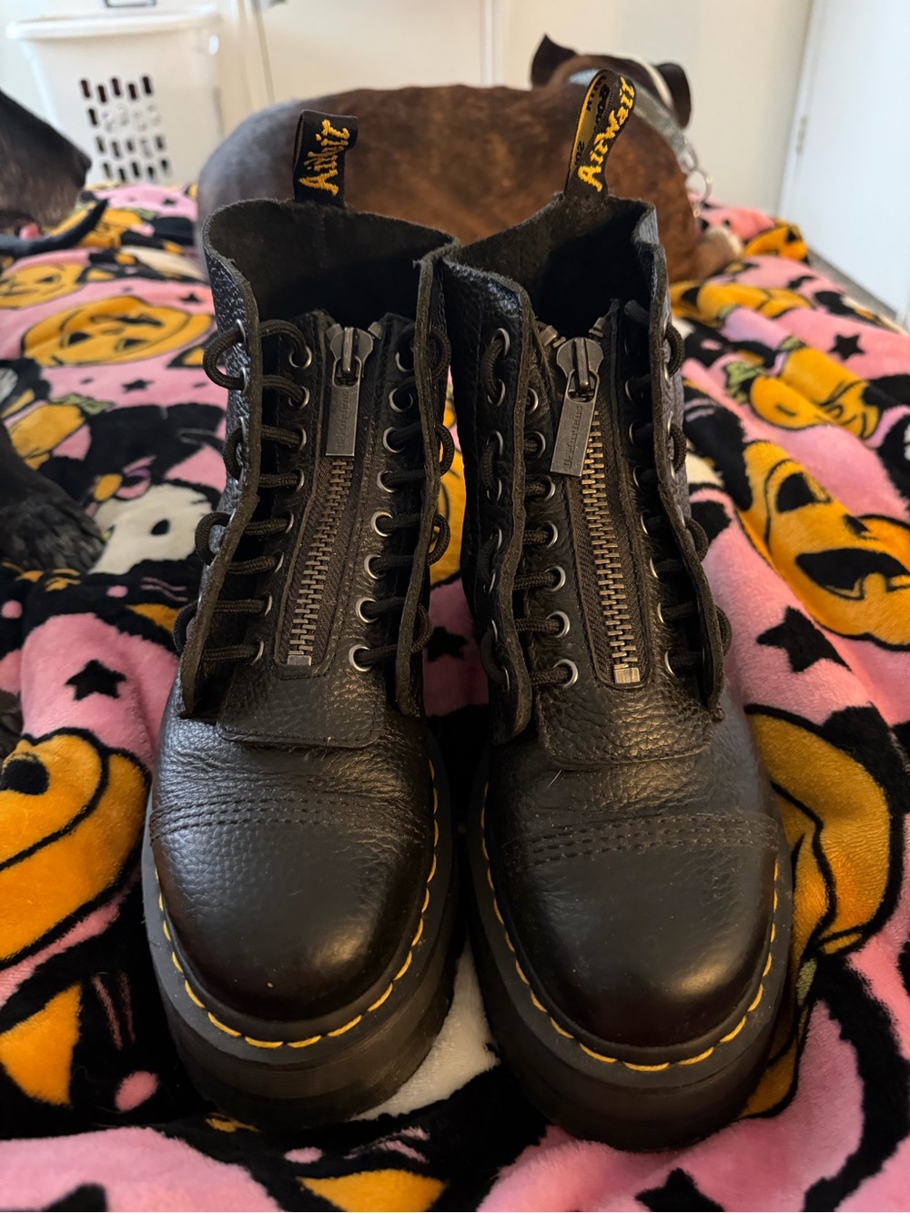 Dr. Martens Black Leather Platform Boots with Yellow Stitching
